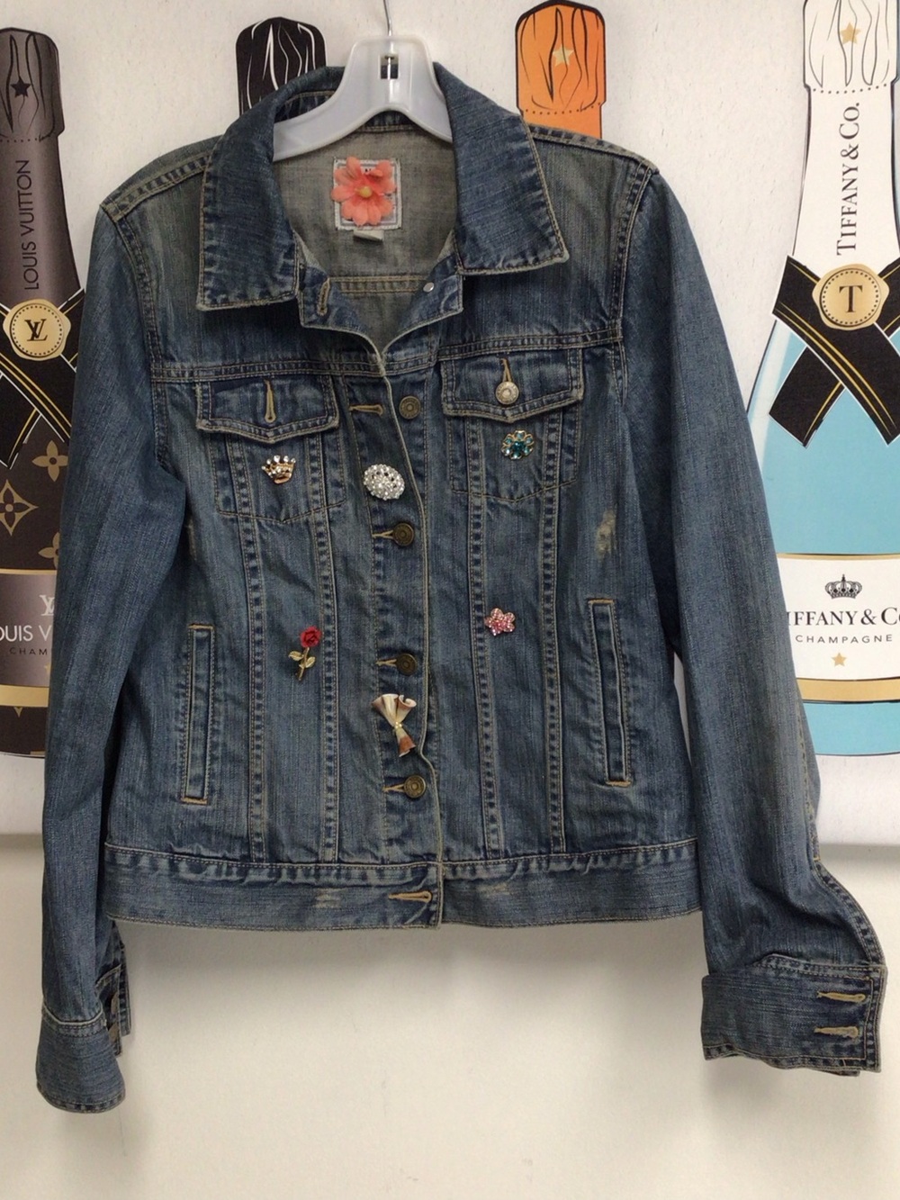 Denim Jacket with Embellished Pins - Blue